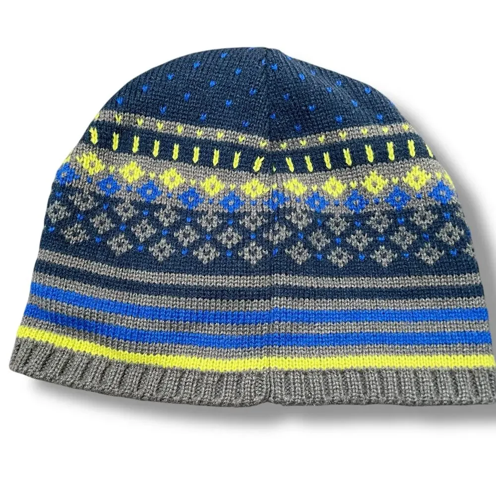 Lands End Kids Beanie Hat Medium Large Striped Blue Gray Knit Winter Cap Skull